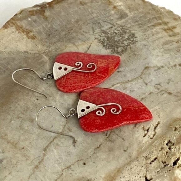Sterling Silver 925 1.83" Red Sponge Coral Scrollwork Dangle Earrings 4.6g - Picture 2 of 16